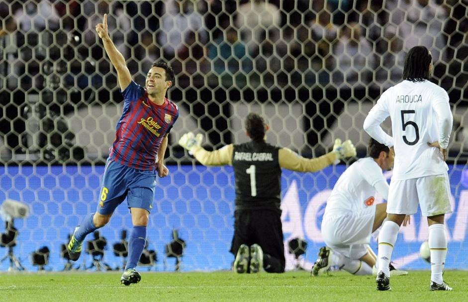 Festeggia il gol contro il Santos nella partita valida di Coppa del Mondo per club a Yokohama, Giappone nel 2011, 4-0 il risultato finale. (Epa)